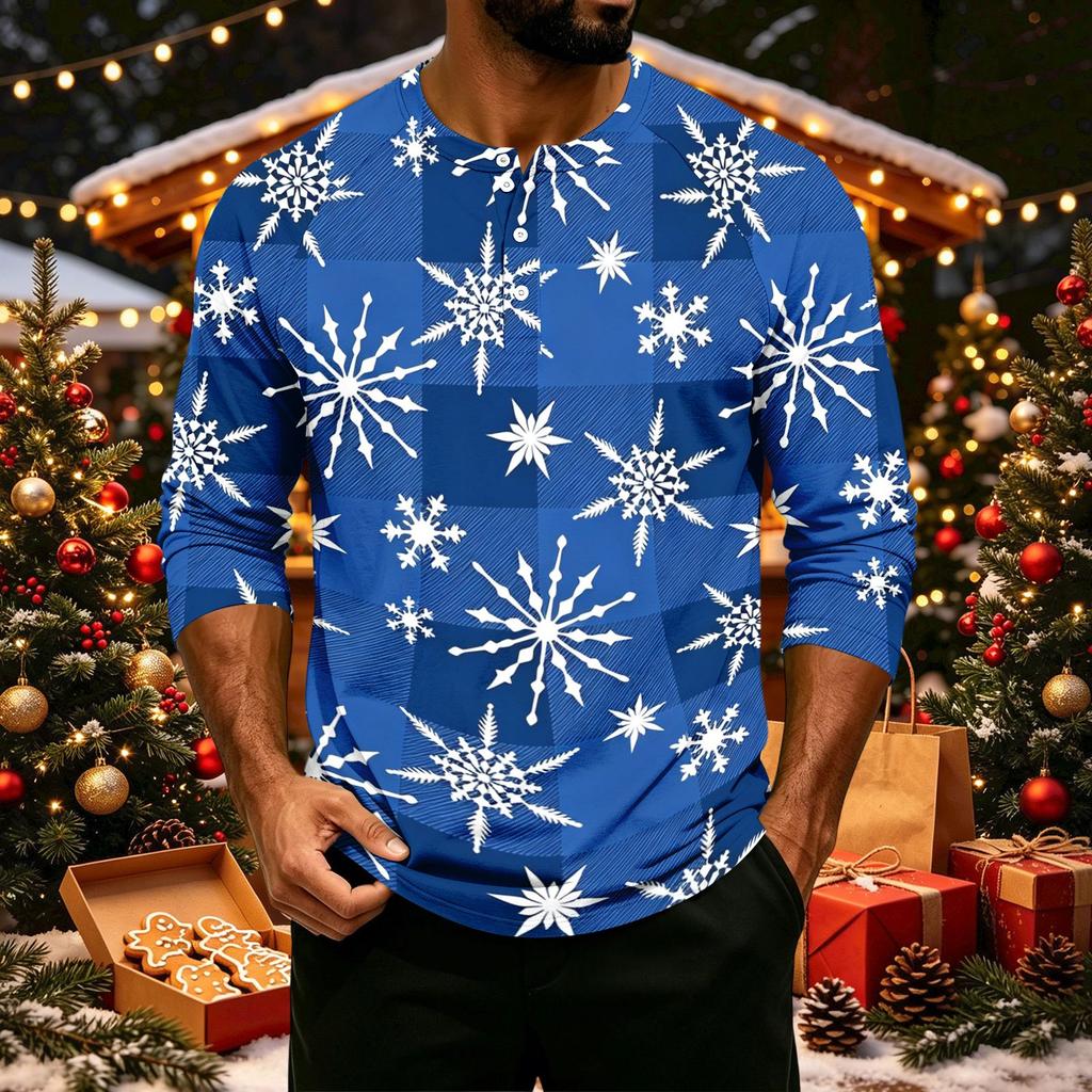 Men's Casual Shirt with Raglan Three-Quarter Length Sleeves Christmas Print Pullover