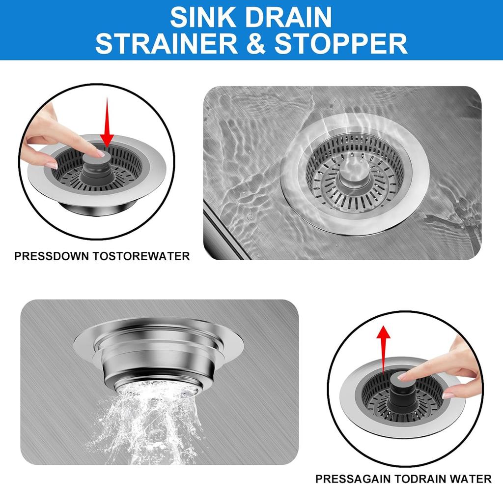 3 in 1 Kitchen Sink Drain Strainer Stainless Steel Pop Up Sink Stopper Kitchen Sink Stopper Drain Plug with Anti-Clogging Basket