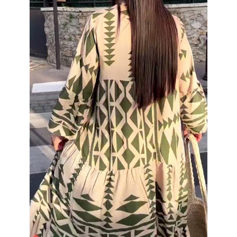 Elegante Maxi Kleid Frauen Casual Streetwear Vintage Geometrische V-ausschnitt Boho Strand Lange Lose Kleider Weibliche Vestidos Robe Ete Femme
