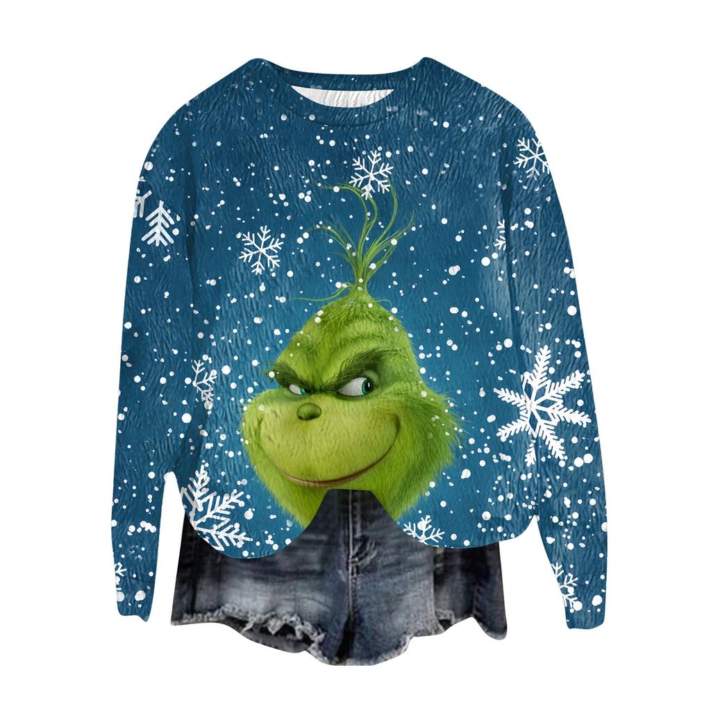 Women's Fashion Round Neck Pullover Top Long Sleeve Tee Christmas Printed Sweatshirt