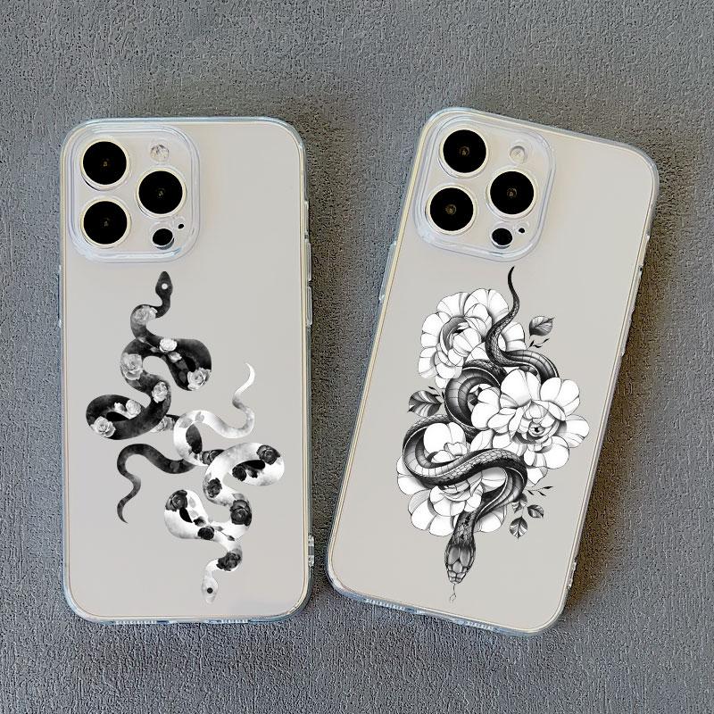 Luxurious Black White Flower Snake Clear Phone Case for IPhone X XR XS 14 13 12 11 Pro Max Mini 7 8Plus Unique Dragon Back Cover