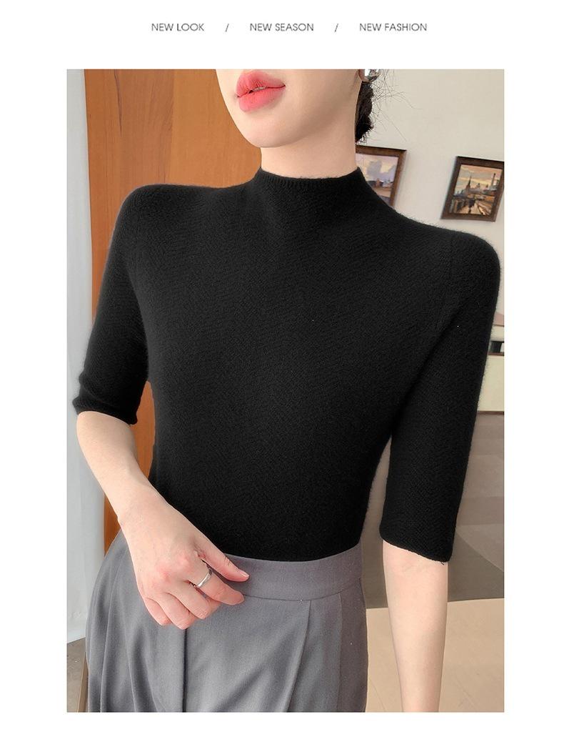 Women's Slim-Fit Knit Sweater: Half-High Neck, Mid-Sleeve, Versatile for Autumn & Winter.