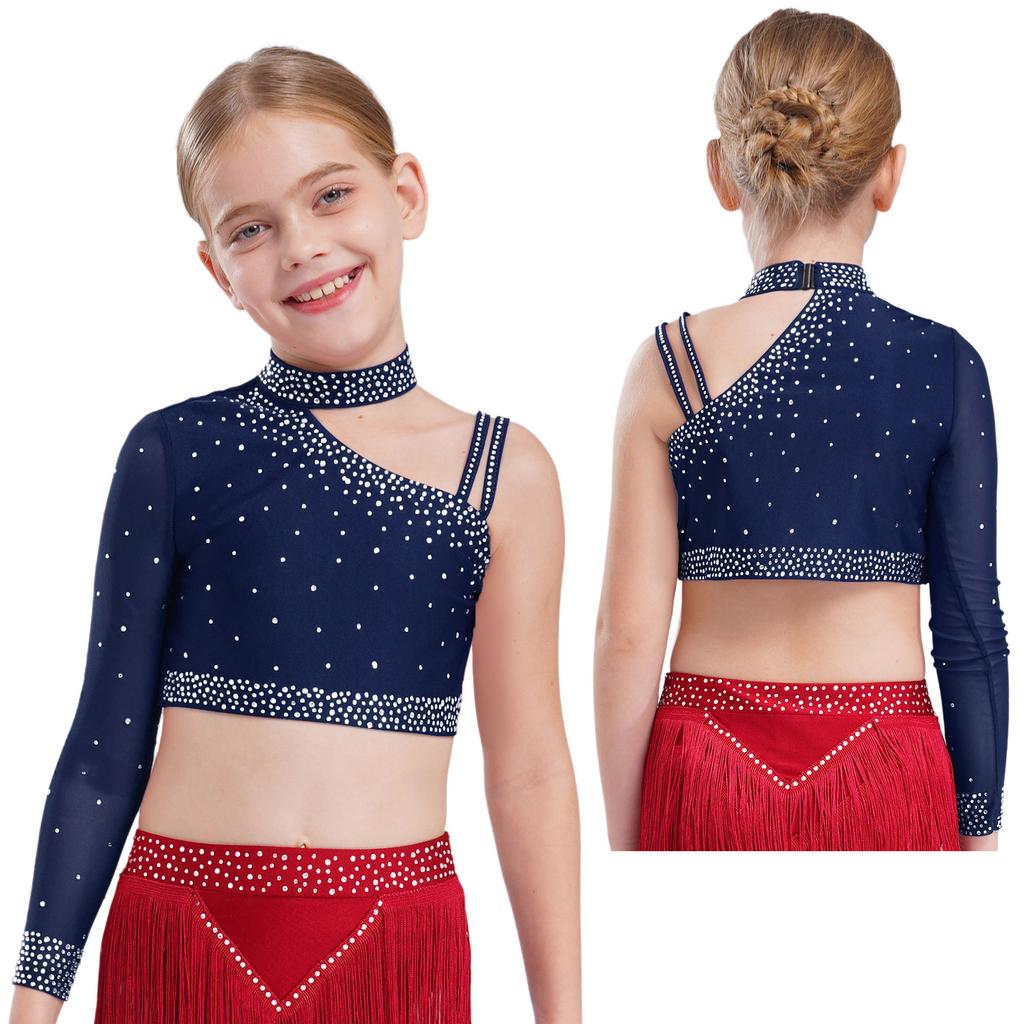 Kinder Mädchen Tanzoberteil Funkelnde Strasssteine Crop Top, Einzigartiges unregelmäßiges Schulterdesign für Bühnenauftritte & Tanzwettbewerbe