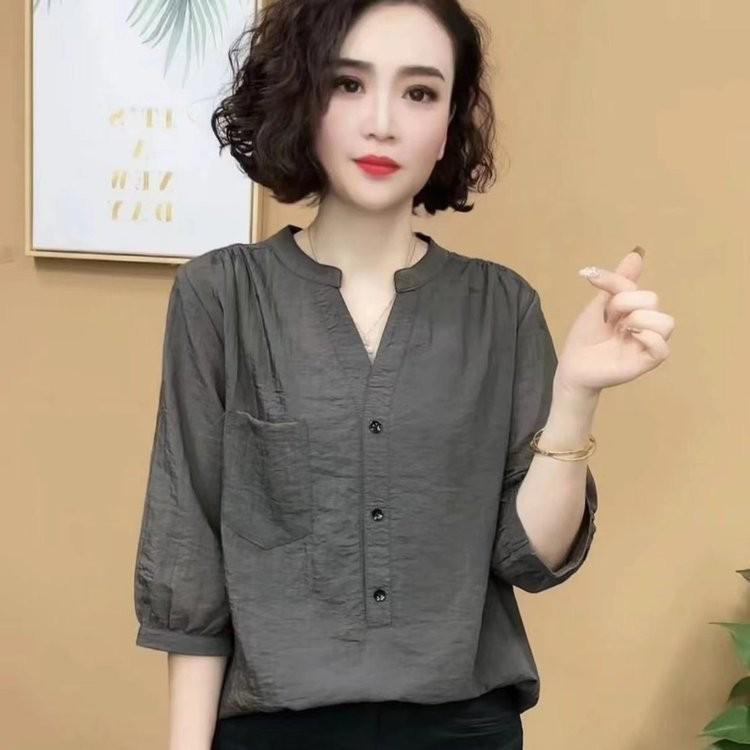 Elegant Plus Size Summer Mid-Sleeve Slimming Pure Color Top for Women