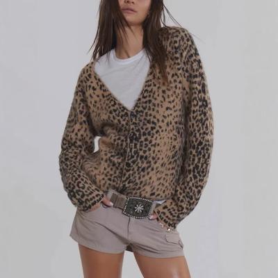 American Retro Leopard Print V-Neck Knitted Cardigan Sweater, Soft Brushed Style