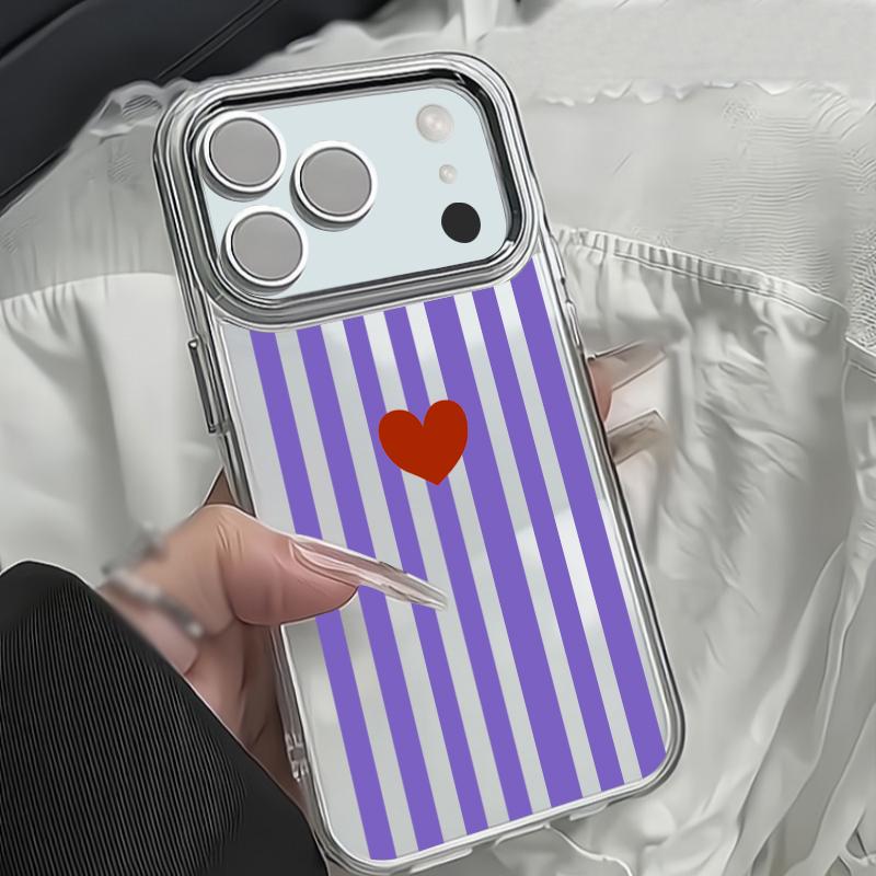 Stripe Heart Pattern Case For iPhone 17 18 Pro Max Plating Lens Frame Clear Soft Phone Cover For iPhone 16 15 14 13 Pro Max 17E