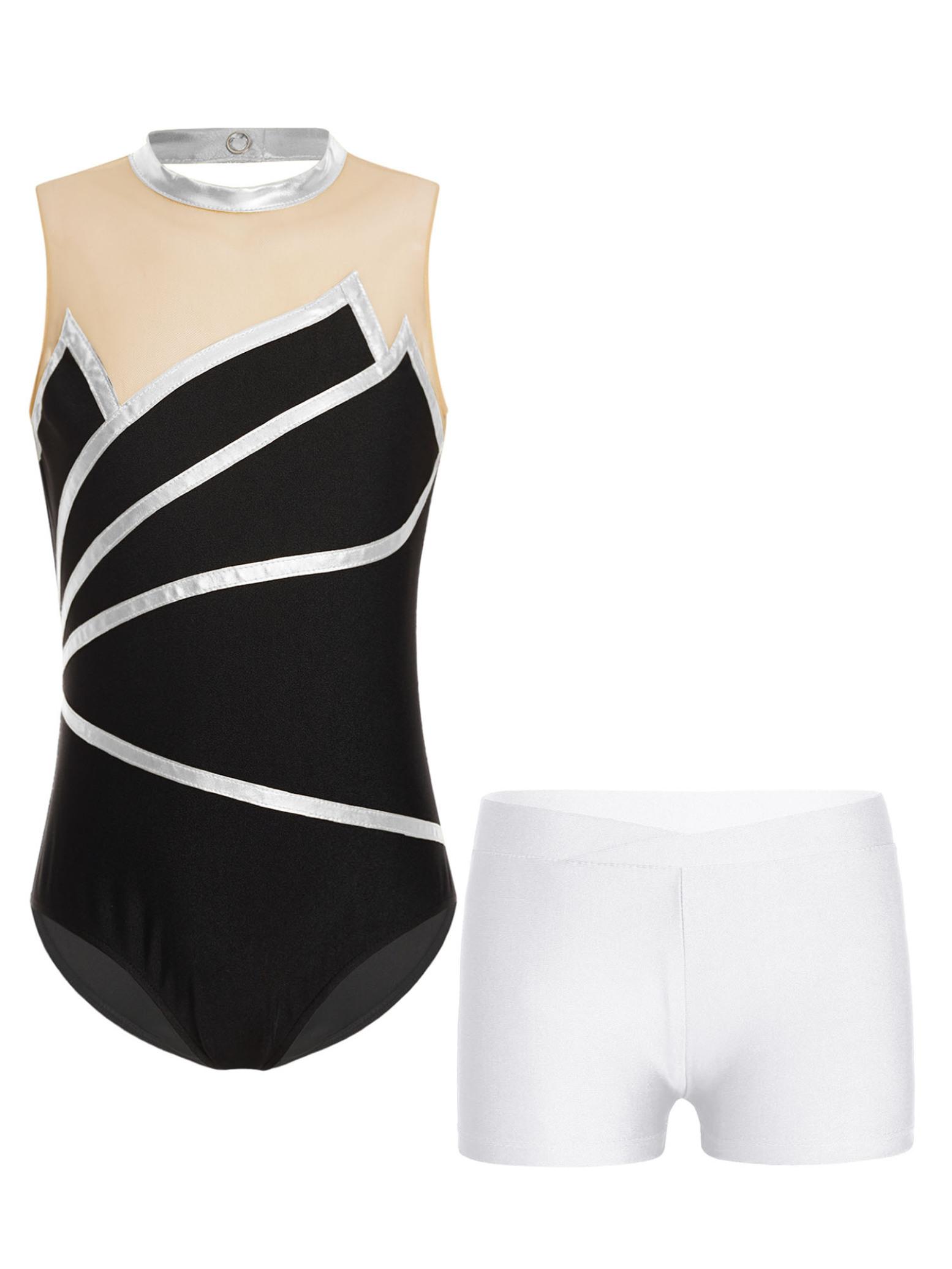 

Дівчата 2PC Спортивний спортивний одяг Ритмічна гімнастика Сценічний одяг Джаз Танцювальна вистава Модний костюм Дитячий спортивний комплект Купальник і шорти 7-8 Years срібний