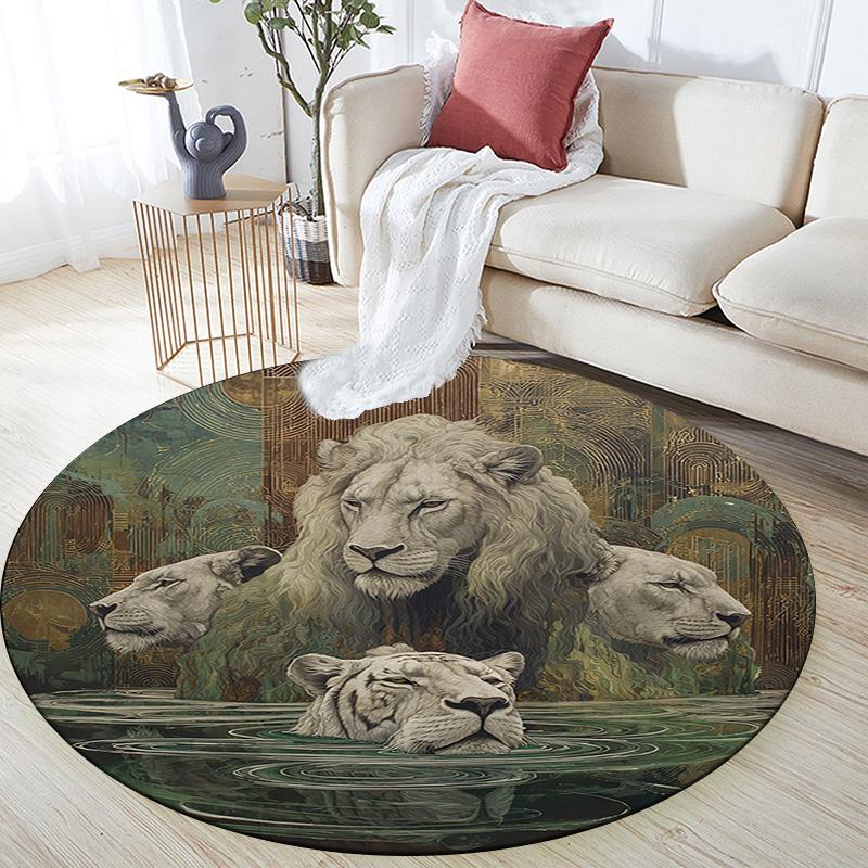 Lions Round Area Rug,Carpet Rug for Living Room Bedroom Sofa Playroom Decor,Non-slip Floor Mat