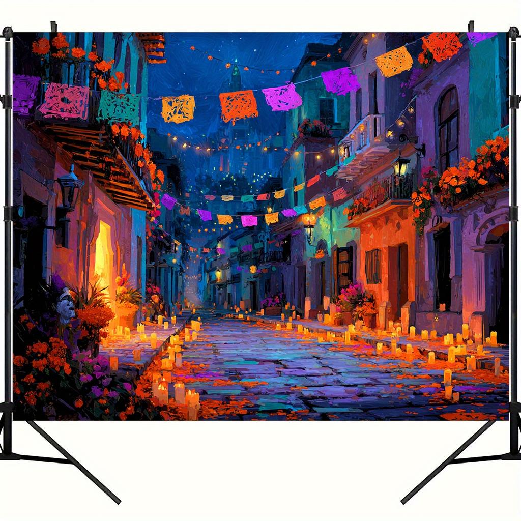 2D Flat Banner, 1 Piece of Mexican Festival-themed Background Fabric, Bright Marigold Flowers and Candlelit Street Party
