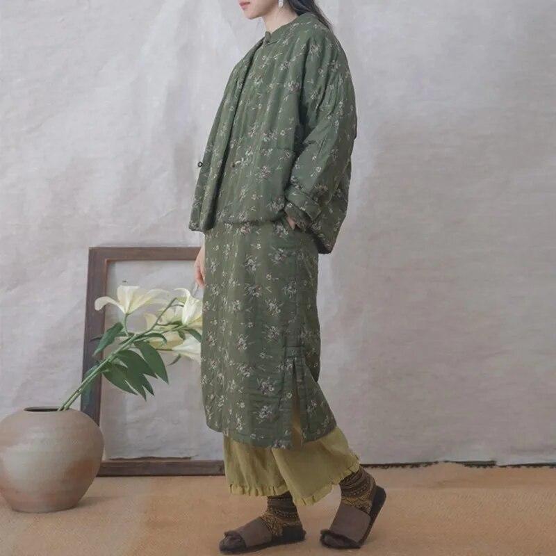 Johnature Dámské Vintage potisk květinové bavlněné parky s výstřihem do V, dlouhým rukávem, knoflíky, zimní kabáty v čínském stylu, teplé parky