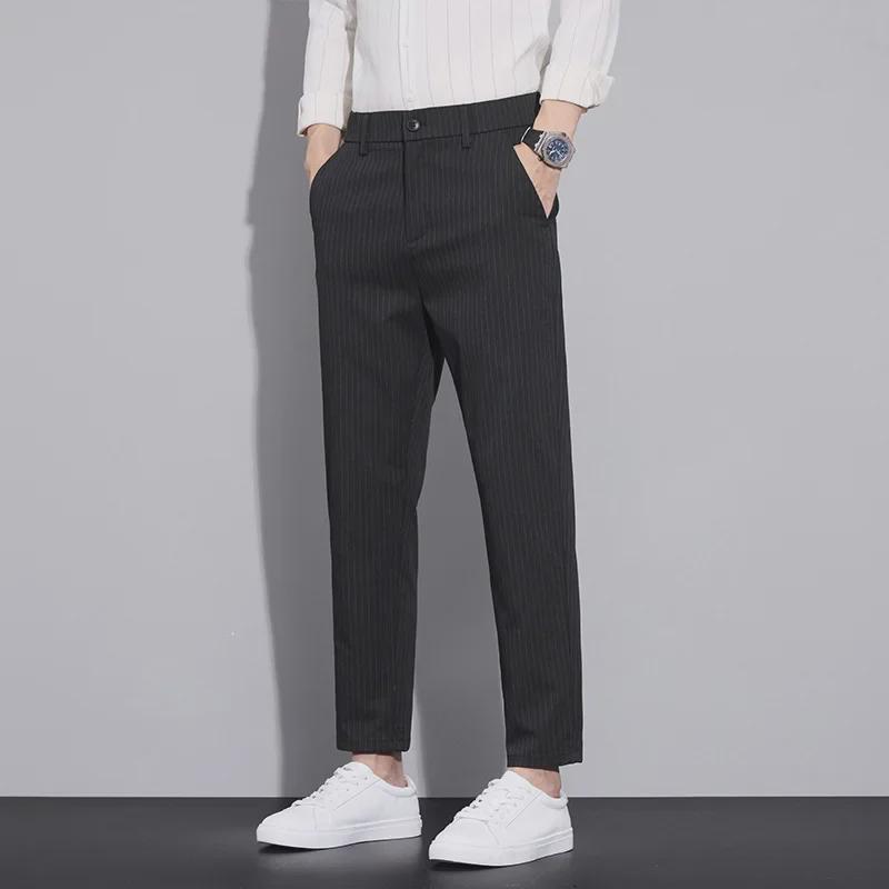 Pantaloni Casual de Primăvară pentru Bărbați, Slim-Fit, cu Dungi, Lungime Nouă Puncte