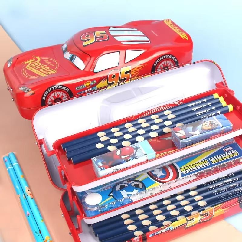 MINISO Cartoon Characters Three-layer Pencil Case Large Capacity Cartoon Car Stereo Pencil Case Learning Gift Multi-function Stationery