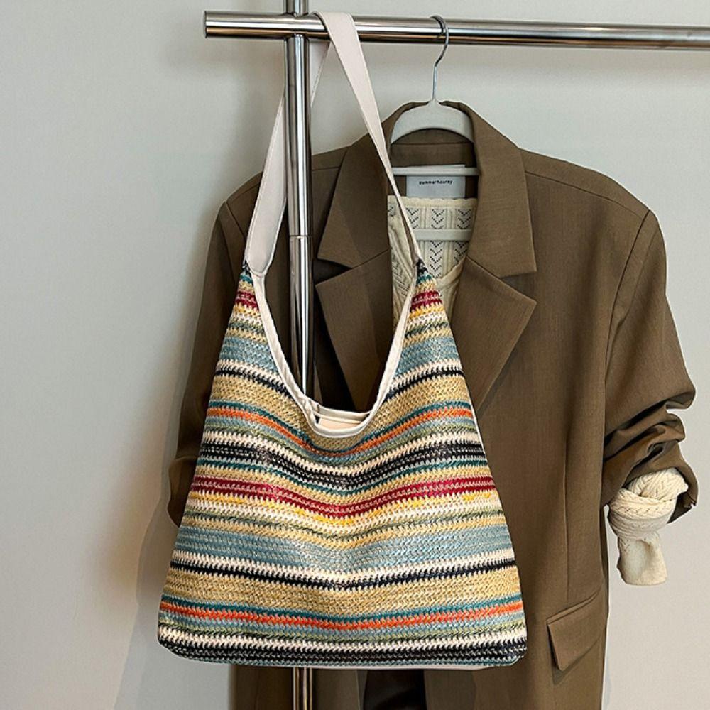 Bohemian Style Weave Straw Bag Large Capacity Hollow Tote Bag Simple Rainbow Beach Bag  Vacation