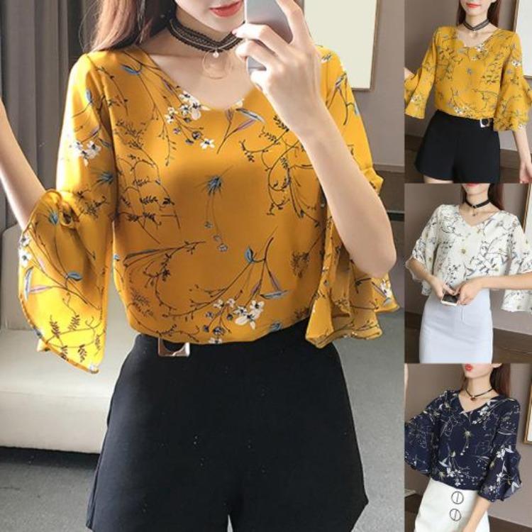 Fashion Flower Print Chiffon Blouse V Neck Half Flare Sleeve Office Lady Shirt