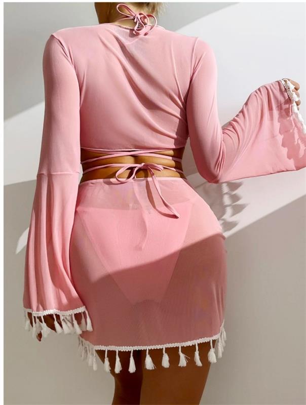 1011 European and American Swimsuit Women's Split Three or Four-piece Set Solid Color Fringed Lace-up Long Sleeve Ins Internet Celebrity Clothing