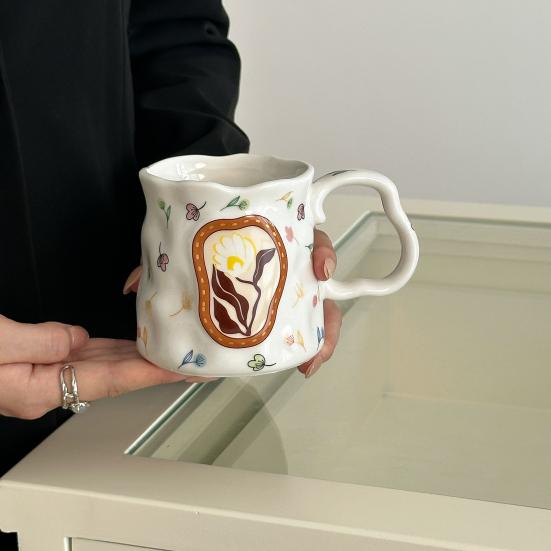 Ceramic Coffee Mug with Ergonomic Handle Irregular Floral Pattern Mug Dishwasher Safe Novelty Cup for Coffee Tea Milk