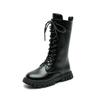 Botas Girls Boots Autumn Winter British Style Lace Up Long Boots Solid Color Princess Leather Boots Plus Velvet Kids Knight Boot