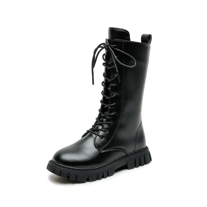 Botas Girls Boots Autumn Winter British Style Lace Up Long Boots Solid Color Princess Leather Boots Plus Velvet Kids Knight Boot