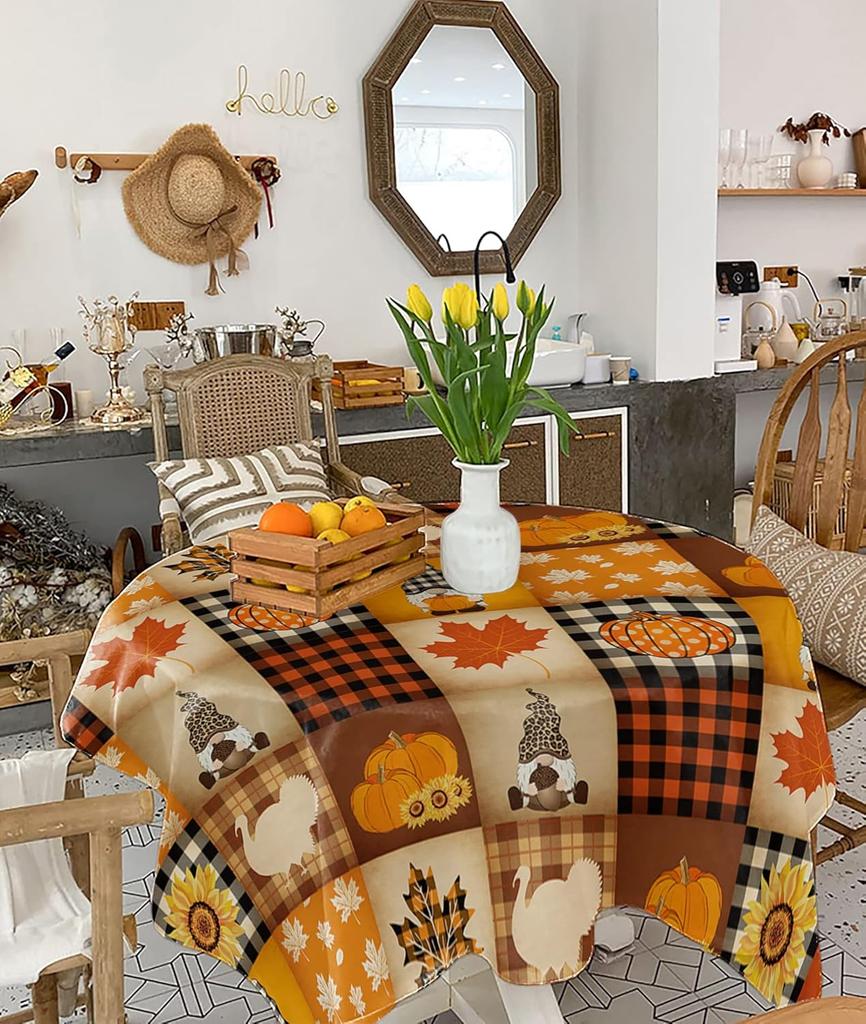 Fall Pumpkin Turkey Maple Leaf Gnome Waterproof Tablecloth Table Decor Washable Kitchen Dining Tablecloth Holiday Party Decor