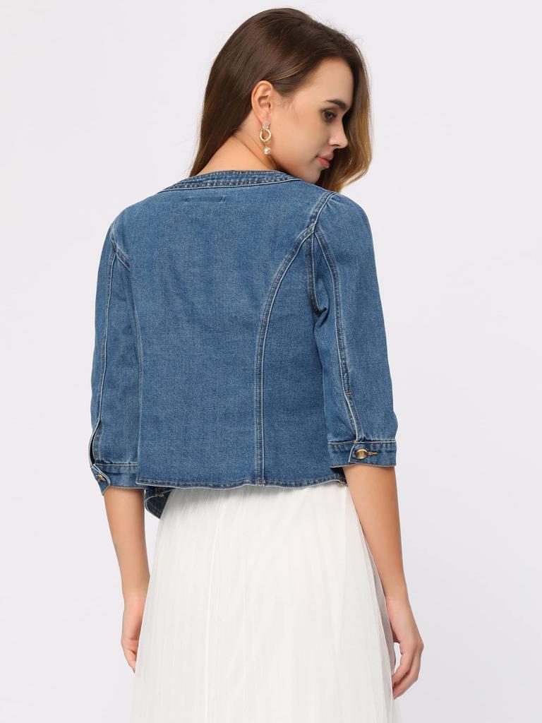 Allegra K Women's Denim Jacket, Jeans Coat, Bolero, Cardigan, Collarless, 3/4 Sleeves, Chest Pocket, Blue, Size M