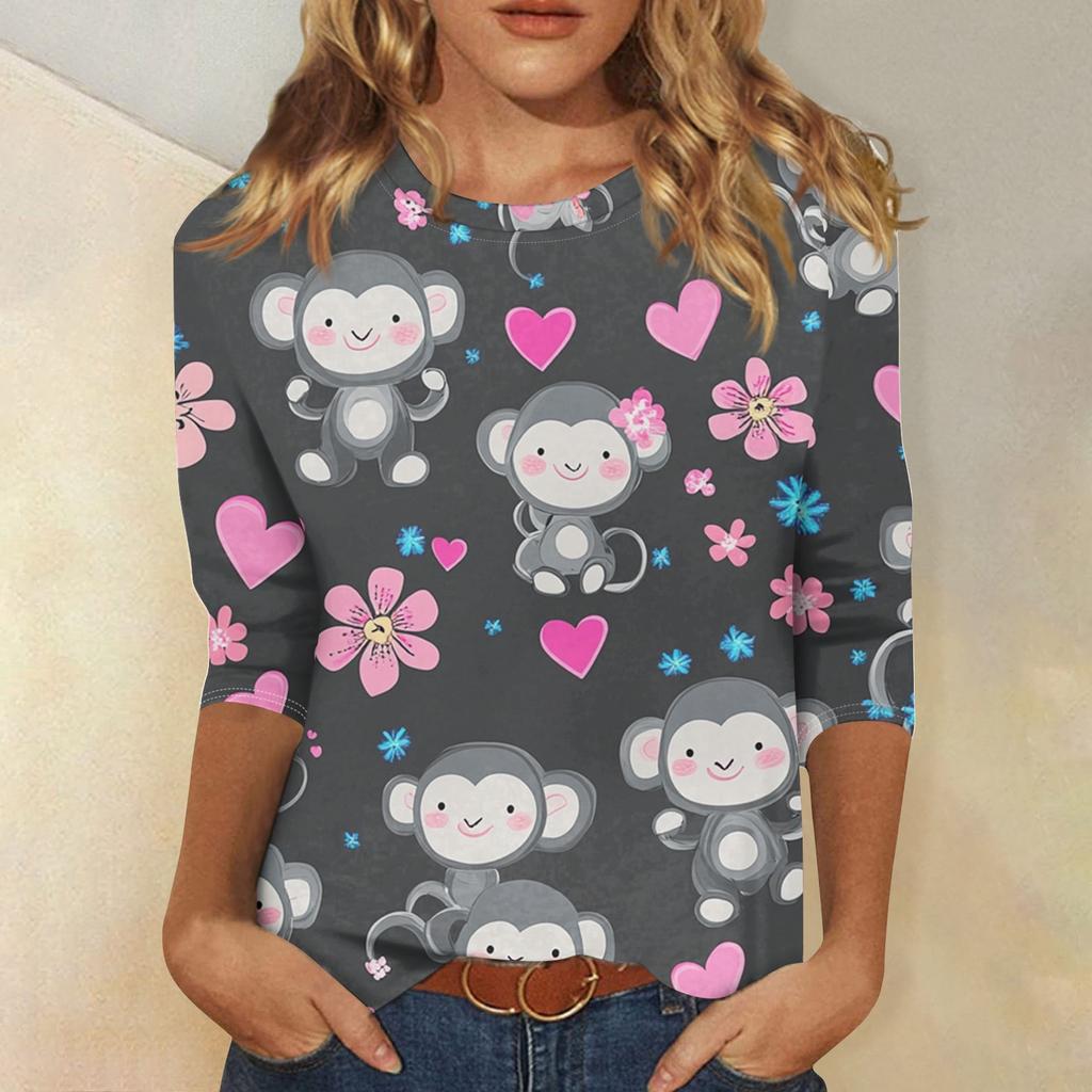 Women's Fashion Casual Round Neck 3/4 Sleeve Loose Printed T-Shirt Ladies Top