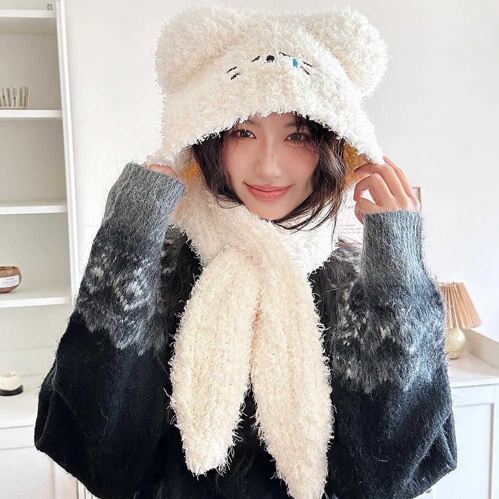 

Cute bear ears plush hat scarf integrated two-piece set autumn and winter warm ear protection shows small face Adult average size бежевий