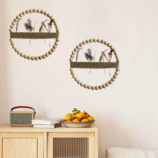 Wood Bead Rope Wall Decoration Boho Farmhouse Rustic Round Plants Display Frame Wall Art