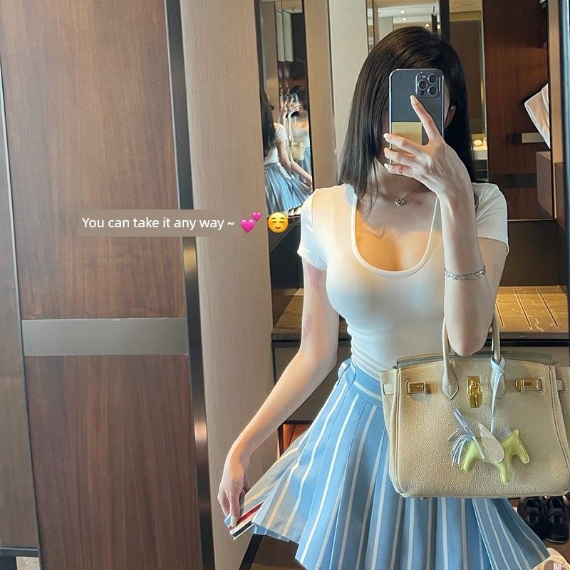 

Silm Summer Low Collar Short Sleeve Thin White T-shirt White S(In Stock on the same day])