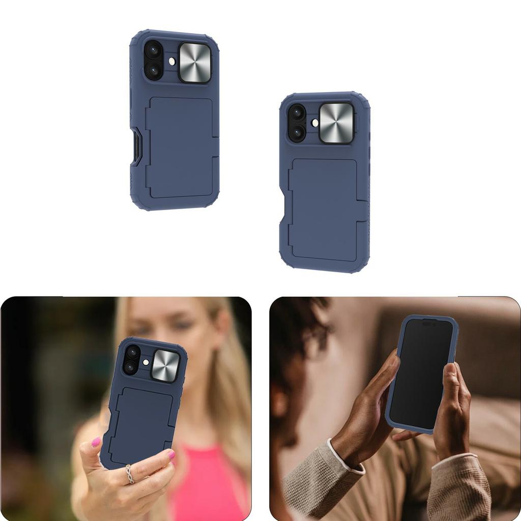 For iPhone 16 Case Card Holder Mirror PC+TPU Phone Shell with Lens Cover