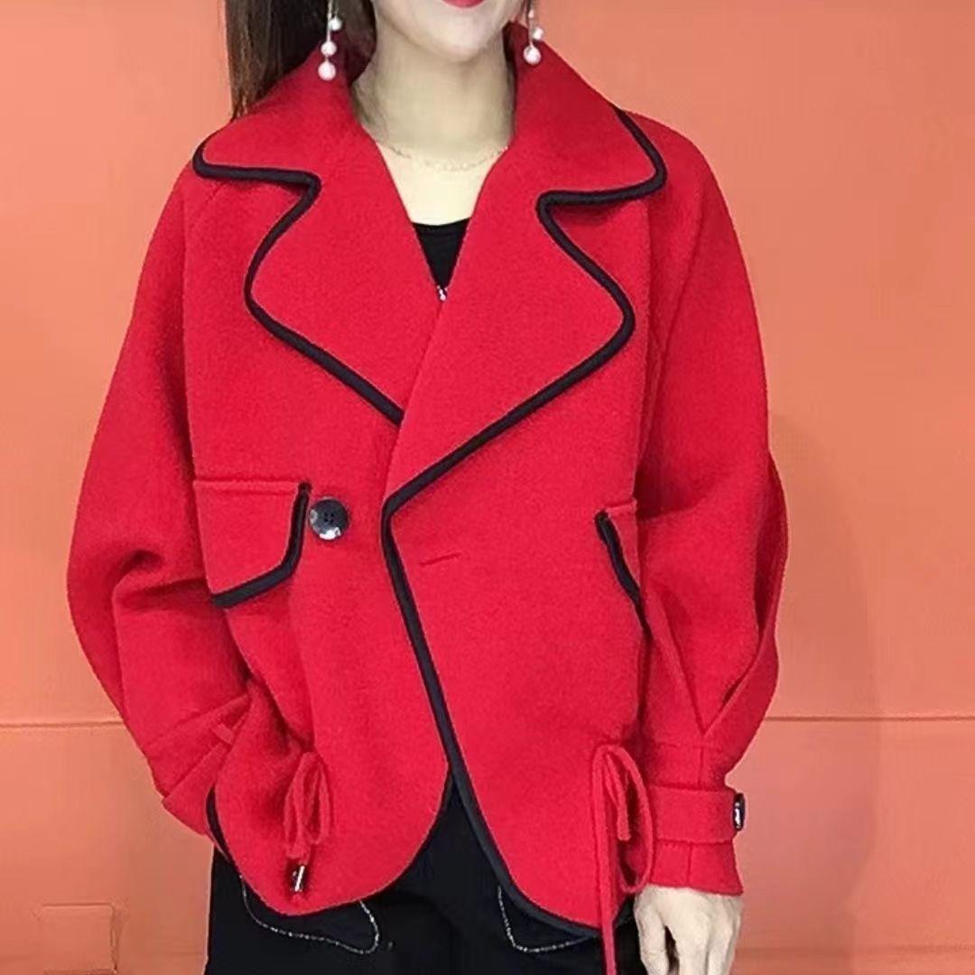 

Модное короткое двухстороннее шерстяное пальто для женщин, свободная куртка на осень и зиму с воротником и поясом XXXL красный