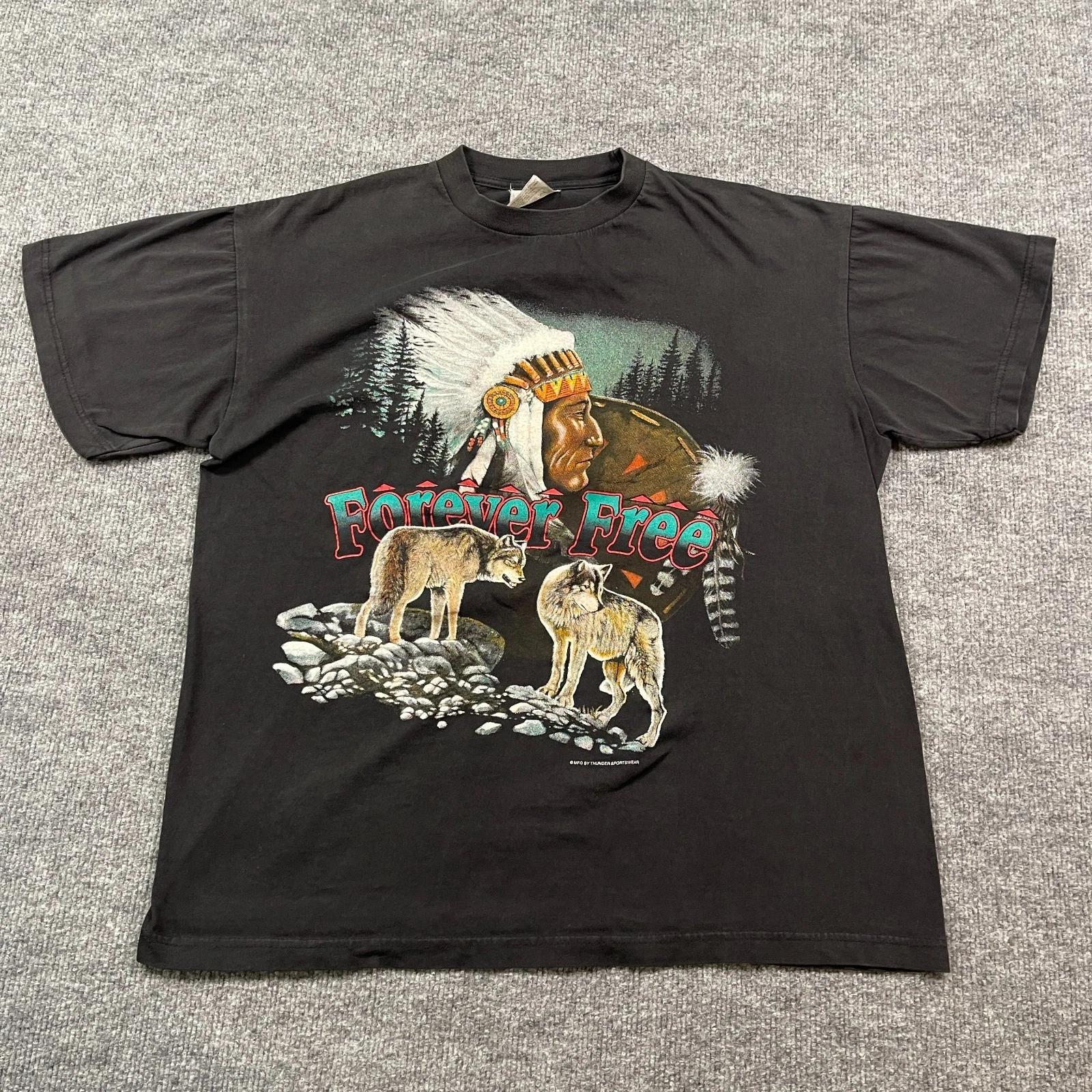 

Vintage 90s Native-American Wolf Chief Shirt Large 22x26 Forever-Free 4XL
