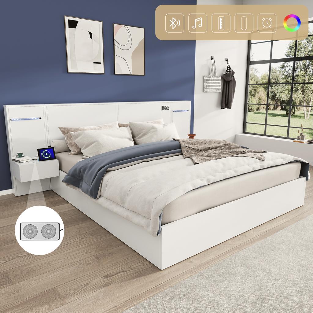 Cama de Casal 160*200cm, Cama de Madeira, Porta USB, Relógio, Alto-falante Bluetooth, Tira de Luz Colorida, 2 Mesas de Cabeceira (sem gavetas), Colchão Não Incluído, Branco