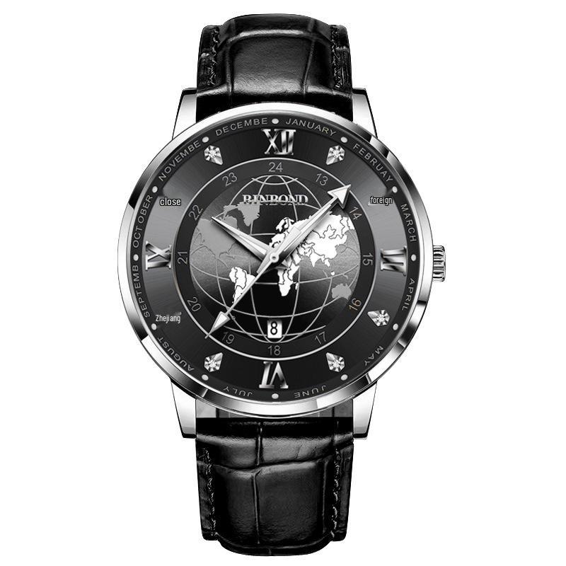 2022 Bingbang Ultra-Thin Men s Waterproof Leather Strap Globe Trend Watch with Calendar