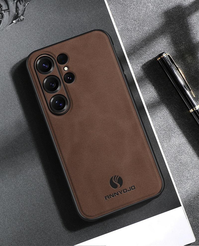 Matte Plain Leather Case For Samsung S26 Ultra S26 + S25 Edge Galaxy S24 Plus S23 FE S22 Built-in Metal Car Mount Holder Cover