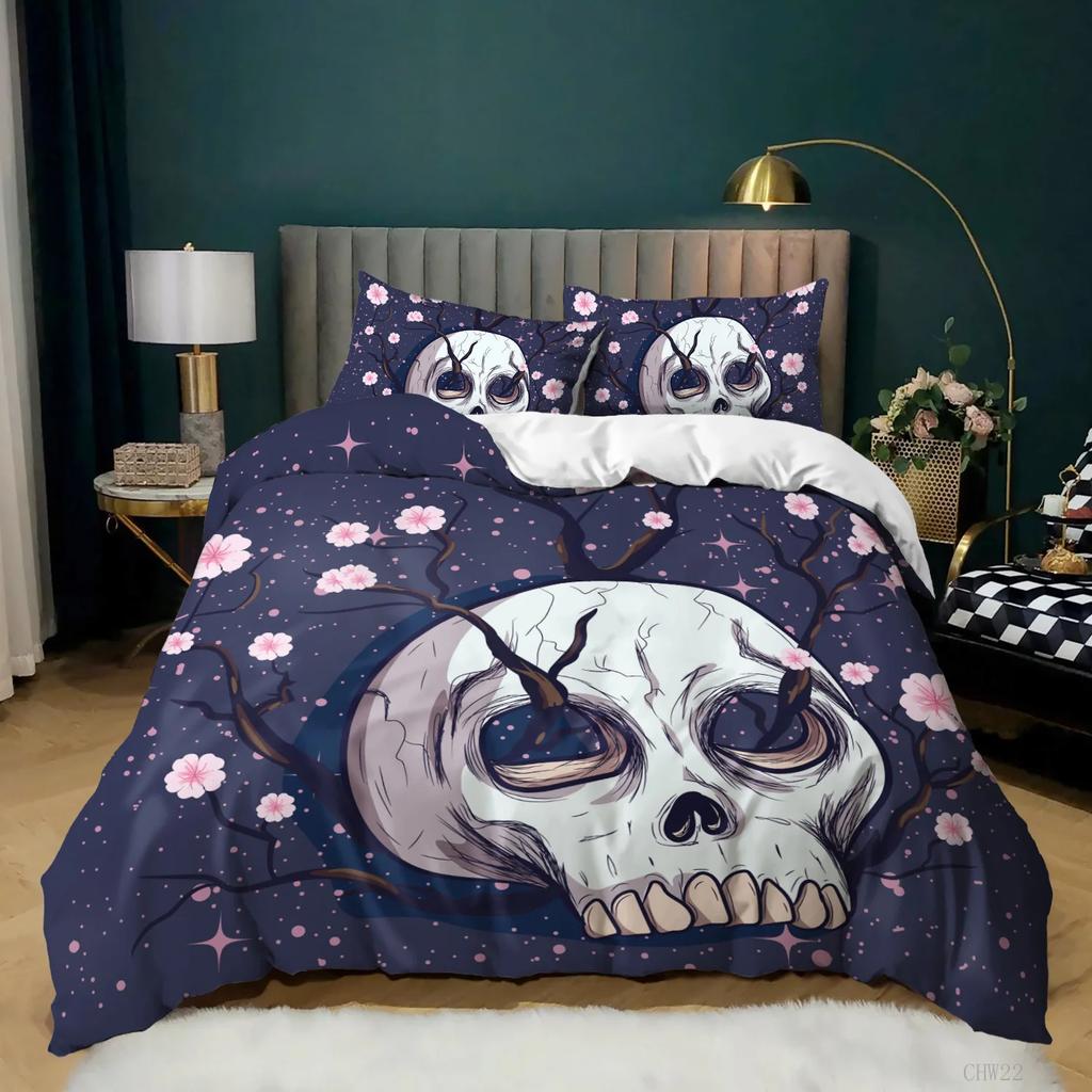 Sugar Skull Duvet Cover Scary Skeleton Comforter Cover Queen Twin Size For Adults Teen Halloween Decor Gothic Skull Bedding Set