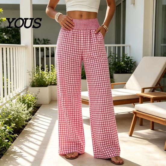 Breathable Summer Pants Women Striped Wide Leg Pants, Elastic Waist Casual Trousers Trousers, Loose Fit Palazzo with Pockets Lightweight
