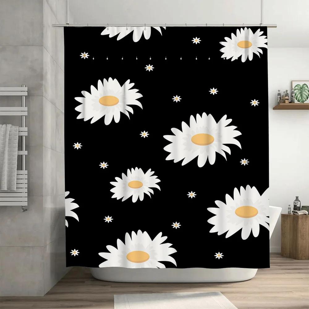 Bathroom Decor Shower Curtain Waterproof Printing White Daisies Black Background Decorative Bathtub Cover Water Repellent Home A