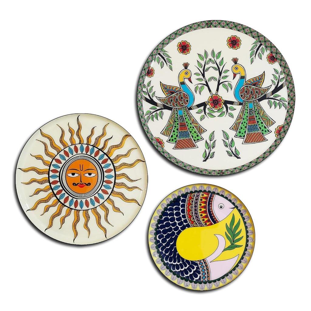 Metal Decorative Wall Plates |  Madhubani Art Design | Living Room Wall Decoration | Décor Items | Gift Items (Multicolour) (Set of 3)
