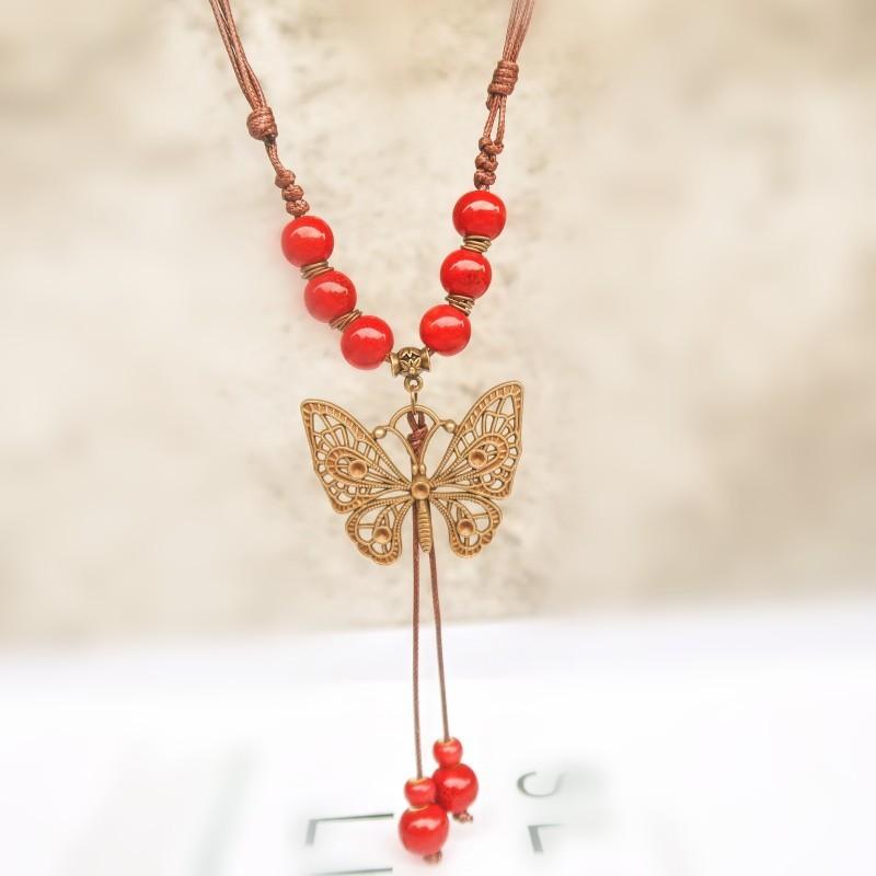 Concubine Butterfly Ethnic Style Ceramic Long Sweater Chain Female Antique Pendant Retro Chinese Style Butterfly Necklace