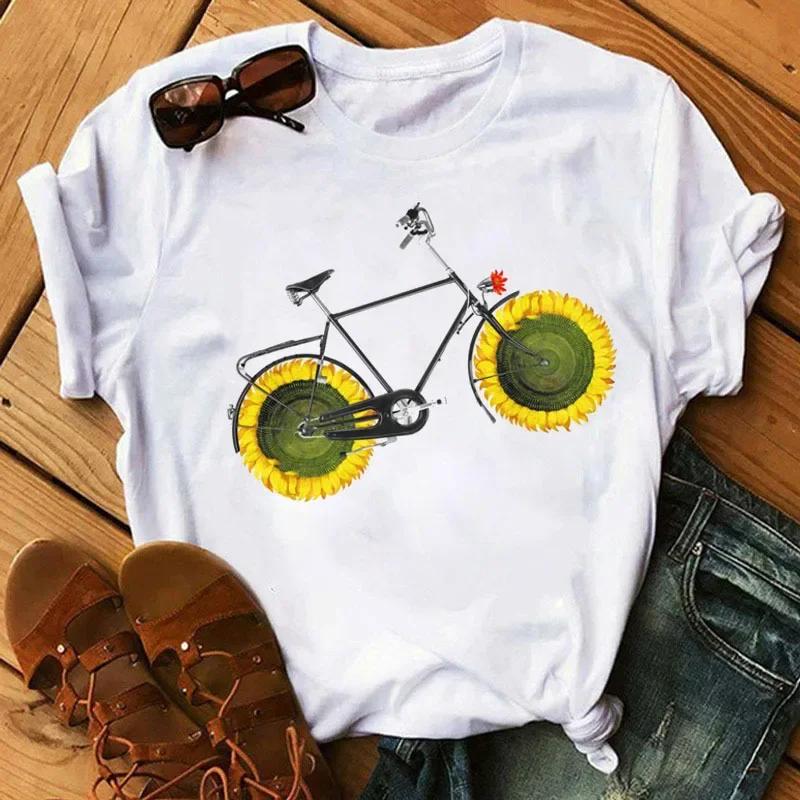 Spring Summer Ladies Floral Bicycle Pattern Fashion Cartoon Print White Letter T-shirt Woman Clothes T Shirt Tops Tee Graphic