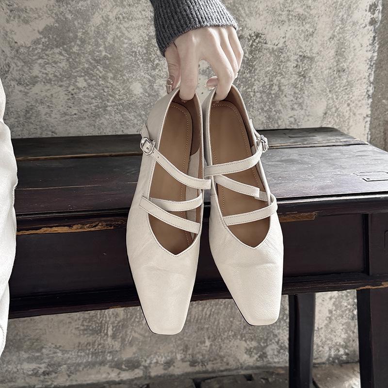 The Same Retro Mary Jane Single Shoes Women's 2025 Spring New Flat Bottom Square Head Buckle Belt Leather Women's Shoes