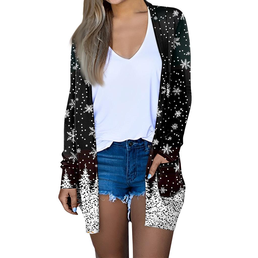 Women's Fashion Casual Christmas Printed Mid-Length Cardigan Long Sleeve Jacket