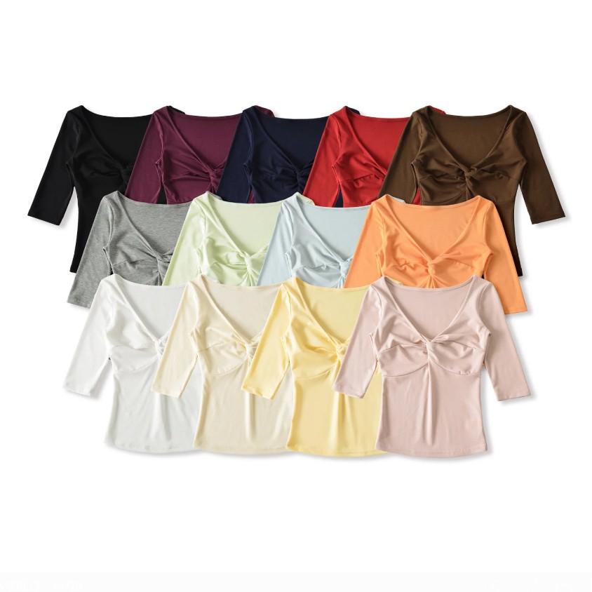 Deep V-Neck Kink Medium Sleeve T-Shirt Women's Summer New American Spice Girl Style Solid Color Slim Skinny Bottom Top