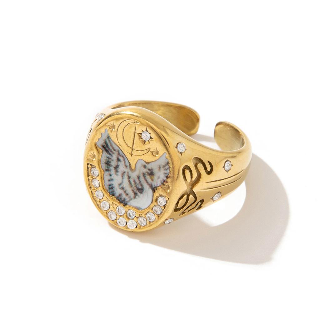Titanium Steel Fashion Light Luxury Painted Seal Statement Ring Butterfly Love Rabbit Flower Personality Design Sense 18K