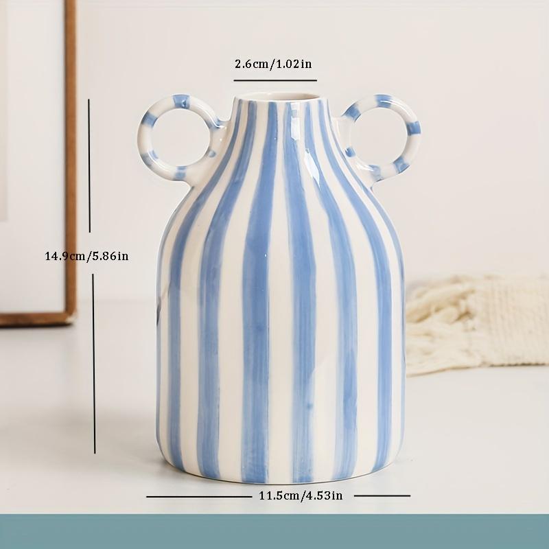 

Hand-Painted Ceramic Vase with Dual Handles - Striped, Cylinder Design for Living Room Decor, Earthenware, Decorative Ornaments синий