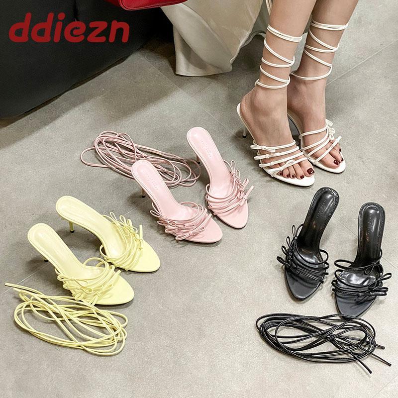 Fashion Fashion Cross-tied Women Thin  Heels Sandals Shoes Female Round Toe Footwear Butterfly-Knot Ladies High Heels Sandals Shoes