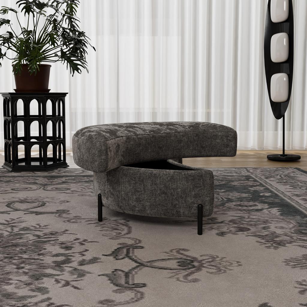 Chenille-Covered Half-Moon Storage Stool with Tray, Padded Seat, Dressing & Shoe Stool and Footrest for Living Room, Entryway & Hallway, Gray