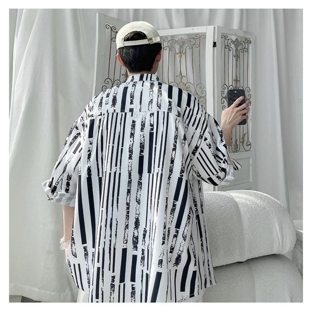 Ice Silk 7-quarter Sleeve Stand-up Collar Shirt Men Personality Fashionable Printed Loose Cardigan