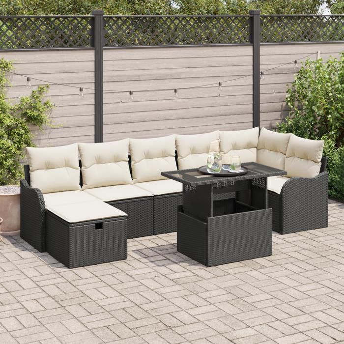 Ensemble de Canapés de Jardin 8 Pièces avec Coussins Noir Poly Rattan, Canapé de Jardin 2 Places avec Coussins Noir Poly 3359724