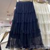 2025 Spring/Summer Women's Lace & Tulle Tiered Midi Skirt with Elastic Waist